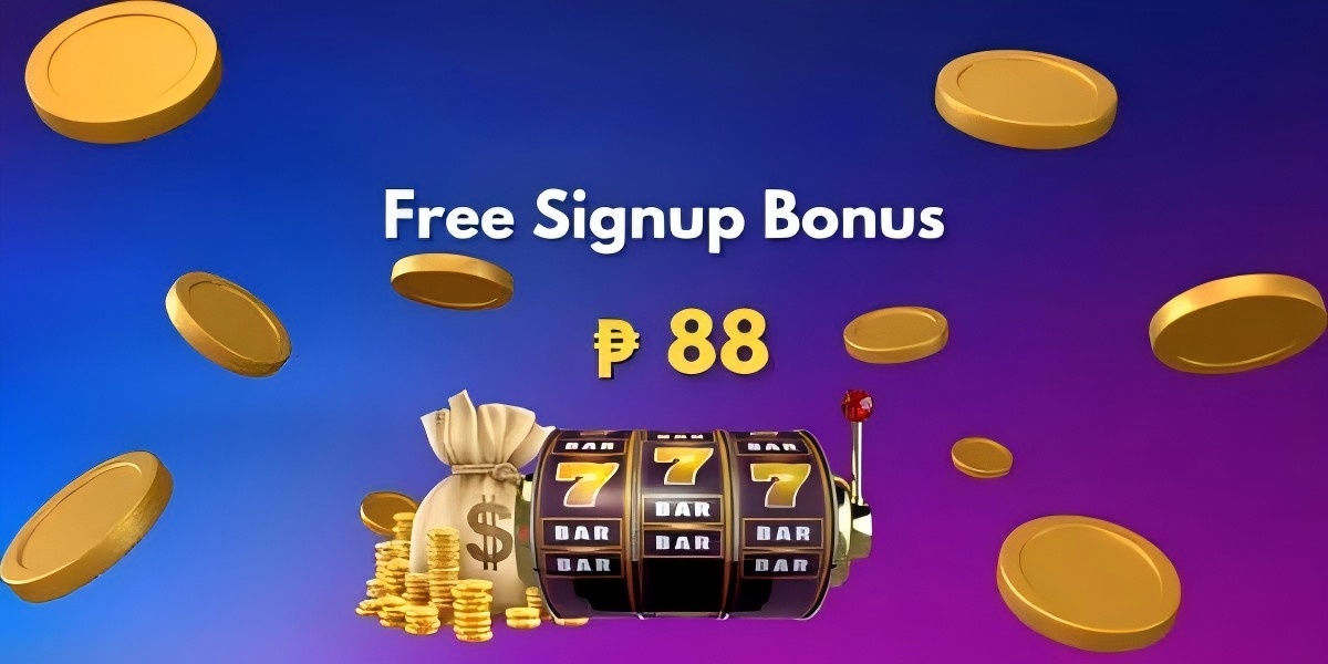 Signup bonus artwork showing coins and a slot machine